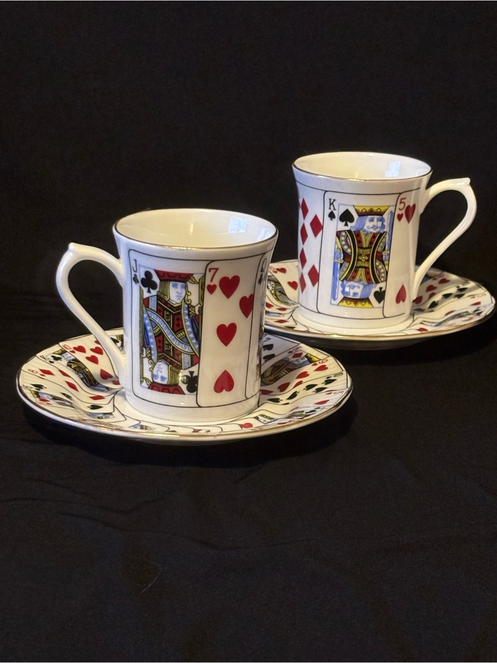 Set of 2 Elizabethan Staffordshire Bone China Teacups and Saucers. Playing Cards